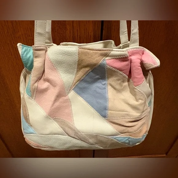 Vintage Leather Patchwork Purse Pastel Shoulder Bag 80’s NICE - Picture 4 of 9